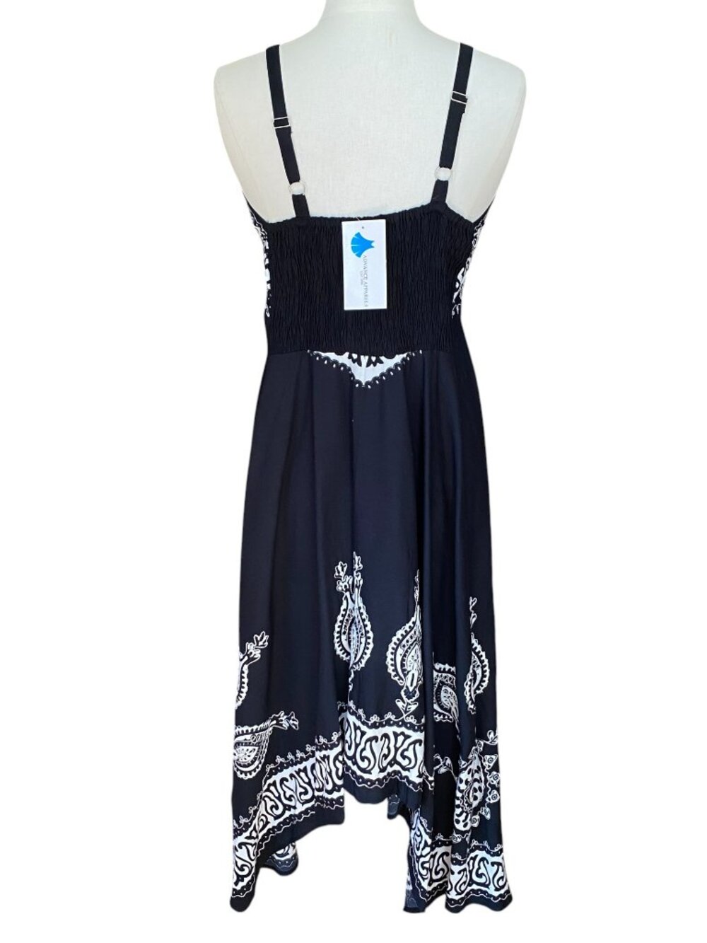 Vintage Advance Apparels Scroll Print Handkerchief Hem Dress Black White Y2K-OS - Picture 7 of 13